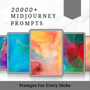 Puede incluir: La imagen muestra varias tabletas digitales que muestran arte abstracto colorido. El texto en la parte superior dice "20000+ MIDJOURNEY PROMPTS." Debajo, el texto dice "Prompts For Every Niche."