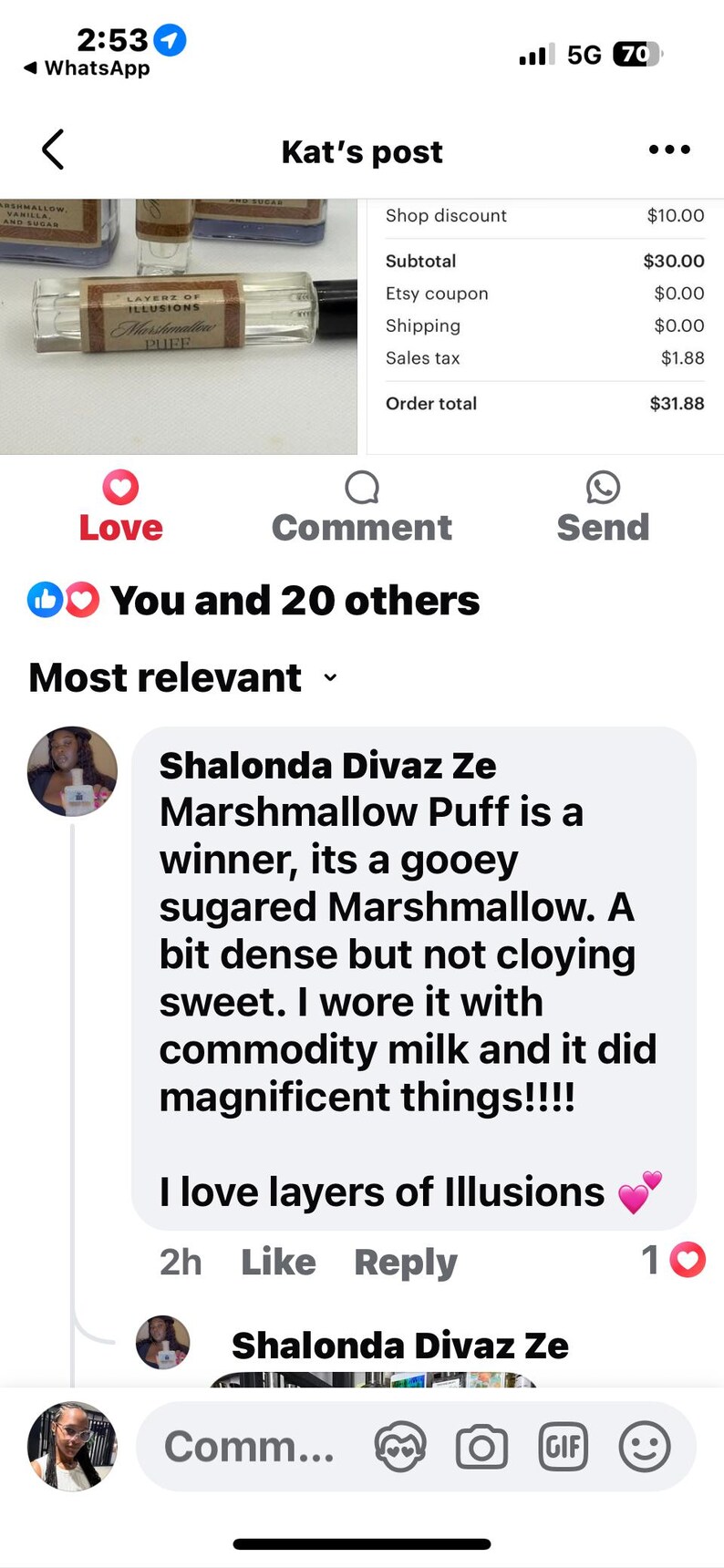 May include: A clear glass bottle labelled "LAYERZ OF ILLUSIONS Marshmallow PUFF" is shown. The image is a screenshot of a social media post with a customer review. The post includes a shop discount and order total.