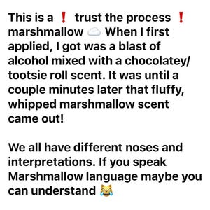 May include: Screenshot of a social media post from "House of G..." by Kat Dickie. The post discusses a marshmallow scent, with phrases like "trust the process" and scent descriptions such as "gooey, deep, sweet."