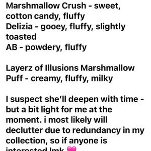 May include: A black cylindrical object is shown in close-up. The image contains text describing scents, including "VOV Marsh 2.0 - gooey, deep, sweet" and "Layerz of Illusions Marshmallow Puff - creamy, fluffy, milky."