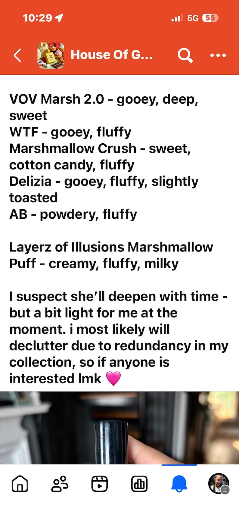 May include: A black cylindrical object is shown in close-up. The image contains text describing scents, including "VOV Marsh 2.0 - gooey, deep, sweet" and "Layerz of Illusions Marshmallow Puff - creamy, fluffy, milky."