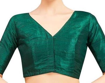 Green Raw Silk V-Neck Blouse – Designer Back Cutout Blouse for Saree & Lehenga