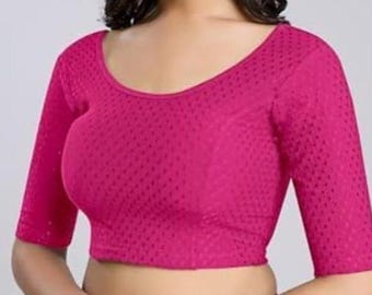 Pink Indian Saree Blouse Top, Short Sleeve Choli, Stretch Ethnic Crop Top for Women
