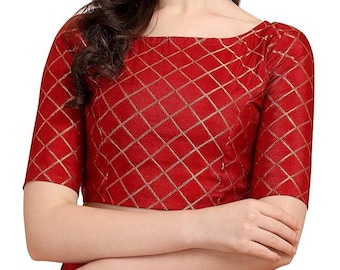 Red Cotton Saree Blouse, Square Neck, Ethnic Wear