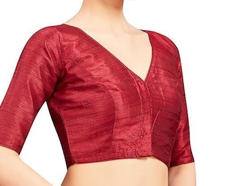 Elegant Maroon Silk V-Neck Saree Blouse with Stylish Back Cutout