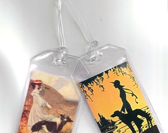 SueBero Set of 2 Greyhound Luggage Tags - Altered Vintage Art Ladies and Sighthounds