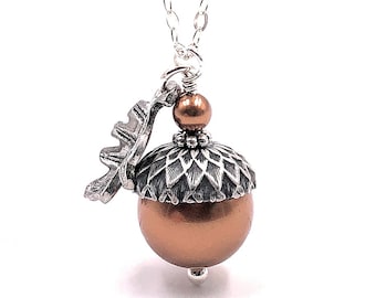 Copper Acorn Necklace with Oak Leaf, Crystal Pearls, Woodland Wedding Jewelry