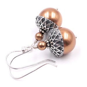 Copper Pearl Acorn Earrings, Jewelry Gift for Nature Lover, Gardener, Woodland Wedding Accessory
