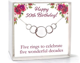 50th Birthday Gift for Mom, Best Friend, Sister, Aunt, Sterling Silver Five Circle Necklace for Her, 50 Years Old, 5 Decades 5 Rings