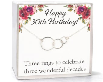 30th Birthday Gift for Best Friend, Sister, Niece, Daughter, Cousin, Aunt, Wife, Sterling Silver Three Circle Links Necklace with Card