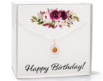 Custom Birthstone Necklace, Birthday gift for her with a Happy Birthday card, 925 Sterling Silver