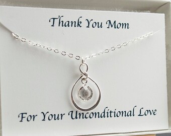 April Birthday Gift, Mothers Day Birthstone Necklace, Thank You MOM card, Infinity Pendant, Sterling Silver