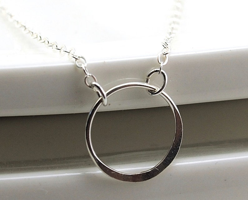 Sterling Silver Circle Necklace, Simple and Classic, Eternity Karma Hammered Open Circle Necklace, Minimalist Everyday Jewelry for Layering image 1