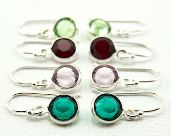 Custom Birthstone Earrings, Itsy Bitsy Earrings, Crystal Dangle Drops, Sterling Silver Hooks, Pictured: May June July August