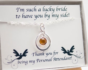 Personal Attendant Gift for Wedding Day, Custom Bridesmaid Jewelry, Infinity Birthstone Jewellery, Thank You Card, Wedding Party Favor