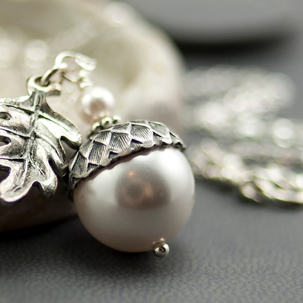 White Pearl Acorn Necklace, Woodland Nature Wedding Jewelry, Sterling Silver Chain