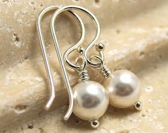 Tiny Pearl Earrings, White Crystal Pearl Drops in Sterling Silver