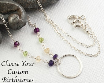 Personalized Family Birthstone Necklace for Grandma, Mom, Siblings. Natural Gemstones, All Sterling Silver, Karma Circle, Mother's Day Gift