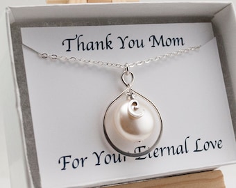 Thank You Mom Necklace, Mothers Gift with Card, Personalized Initial Infinity Jewelry, Cream Crystal Pearl