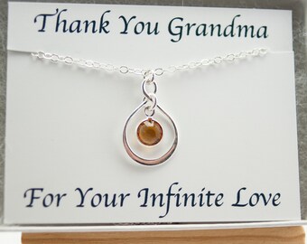 Grandma Necklace Gift for Grandmother from Grandkids, November Birthstone Jewelry, Crystal Topaz Charm, Sterling Silver Infinity Pendant