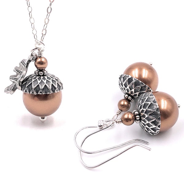Acorn Jewelry Set, Necklace and Earrings with Copper Shade European Pearls and Oak Leaf Charm, Sterling Silver Chain