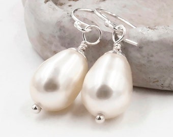 Cream Pearl Earrings, Short Dangle Drop Earrings on 925 Sterling Silver Hooks, Daily Wear