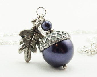 Lucky Acorn Necklace with Oak Leaf and Dark Purple Crystal Pearl, Sterling Silver Chain, Winter Wedding Jewelry Party Favor, Woodland Theme