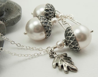 Acorn Jewelry Set with Oak Leaf Charm, Top Quality White Crystal Pearl Pendant Necklace and Earrings, Sterling Silver Chain, Fall Jewelry