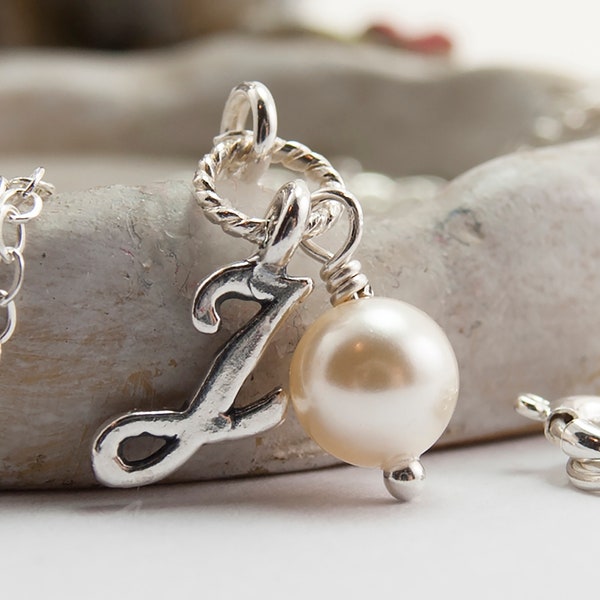 Personalized Initial and Pearl Necklace, J Script Letter Charm Jewelry, All Sterling Silver, Crystal Pearl Jewellery