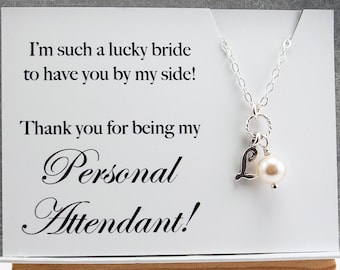 Personal Attendant Gift for Wedding Day, Personalized Bridesmaid Necklace, Pearl Initial Jewelry, Thank You, Party Favor, Sterling Silver