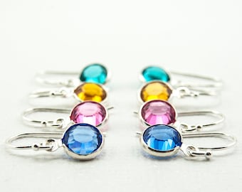 Custom Birthstone Earrings, Short Crystal Drop Dangles, Sterling Silver Earwires