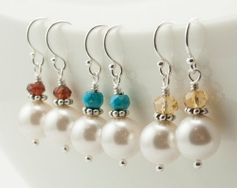 Custom Birthstone Earrings with White Pearl, Gemstone Jewelry, Personalized Birthday Gift, Sterling Silver Drop Earrings
