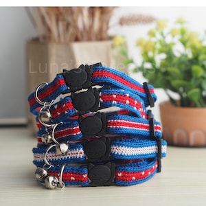 Buffalo Bills Cat Collar • Red White Blue Crochet Breakaway Collar with Bell