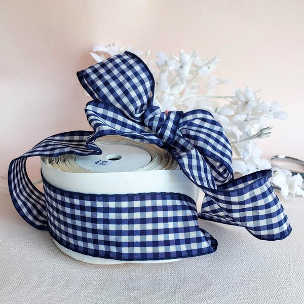 1.25Y Vintage Gingham French Wired Taffeta Ribbon, Navy blue and white, Millinery, Wedding Bridal, Flower making, ribbon embroidery,  1.5"