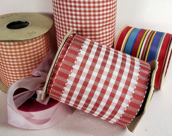 Vintage Gingham Taffeta Ribbon, red and white, millinery, rayon sewing ribbon, 3" wide