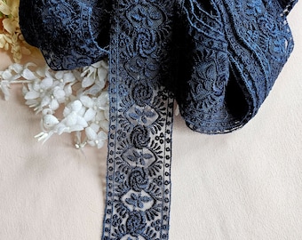 Vintage Midnight Blue Rayon Embroidered Lace Trim, wedding, bridal, sewing, dress making, millinery, hat trim, 2.5" wide