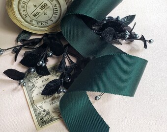Vintage Grosgrain Ribbon, Forest Green, Rayon Cotton, Petersham Grosgrain, millinery, haberdashery, hat bands,  1.5"