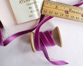 Silk and Rayon Vintage Velvet Ribbon, Fuschia, Millinery, Velvet and Satin, Sewing Trim, Dressmaking, Doll Making, magenta, 3/8&quot; wide