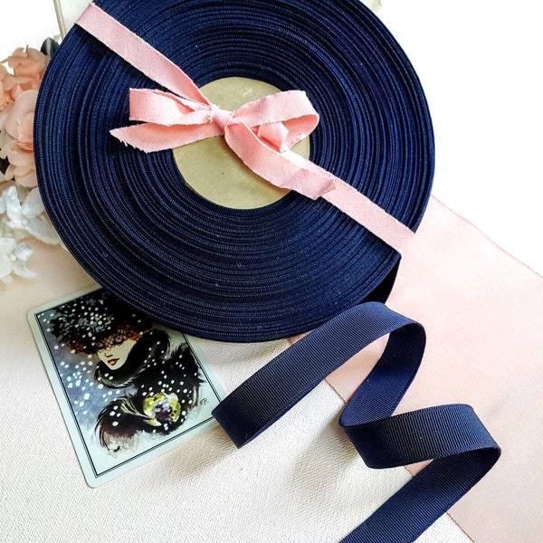 Dark Navy Blue Vintage Petersham Grosgrain Ribbon, millinery, sewing, haberdashery, dress making, French Rayon 5/8" wide