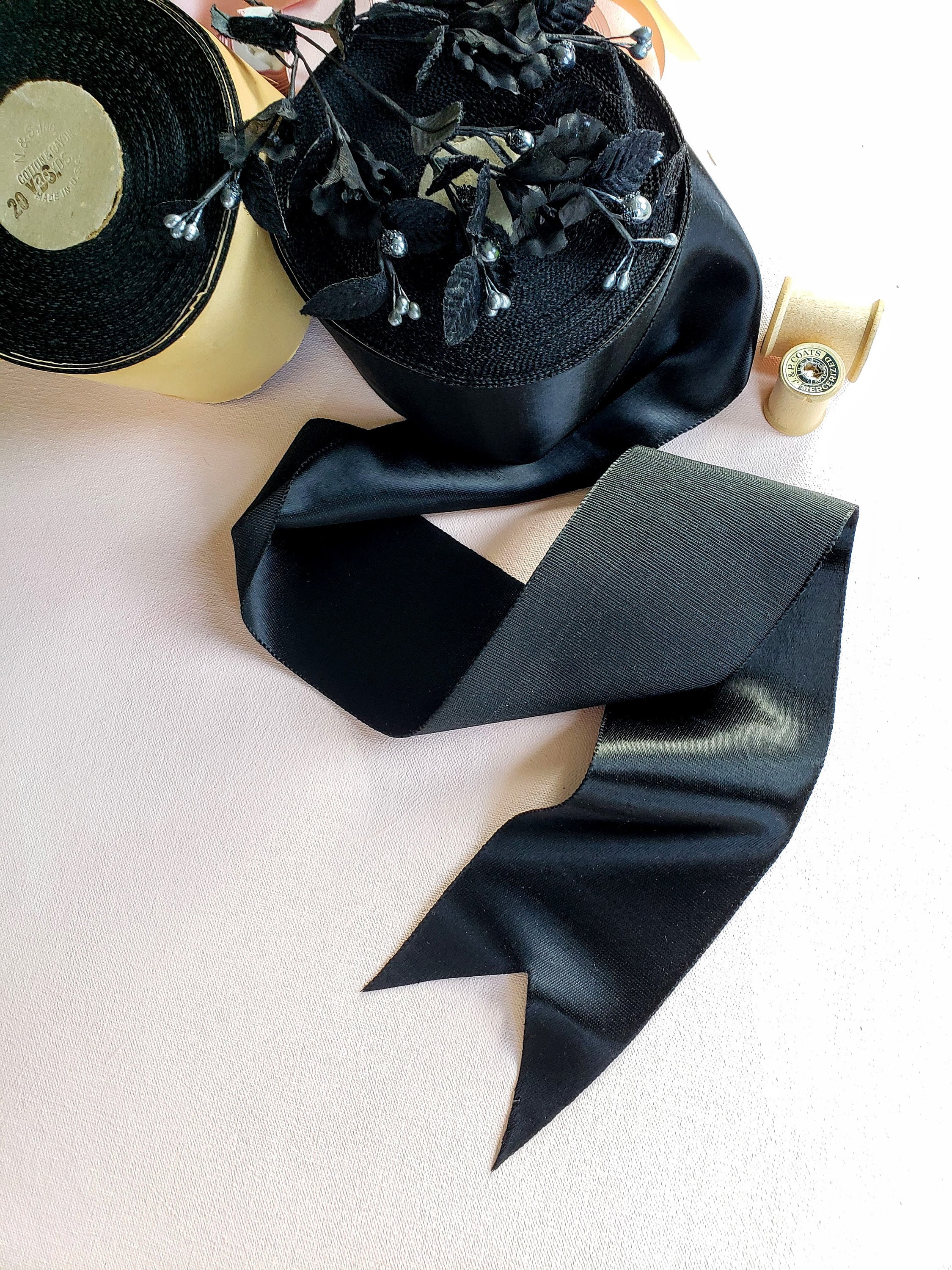 2.5Y Stunning Black Vintage Faille Ribbon, Rayon  and Cotton Ribbon, Satin ribbon, Millinery, Dress Making, Bridal, 3"