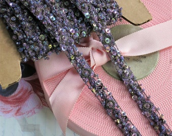 Purple Beaded Trim, AB Sequins, Designer Beaded Trim, Dress Making, Metallic Trim