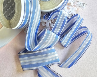 Vintage Stripe French Wired Taffeta Ribbon, French Blue and Ivory, Millinery, Wedding Bridal, Flower making, cocade amking, 1.5&quot; and 1&quot; wide