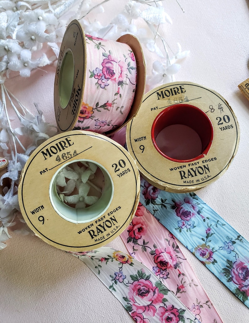 Rose Patterned Moire Vintage Taffeta Ribbon, Millinery Trim, Bridal ...