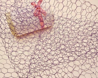 May include: A close-up shot of a purple hexagonal mesh overlaying a light-colored object. A pink ribbon is visible, adding a pop of color. The mesh creates a textured, layered effect, with shadows adding depth to the composition.