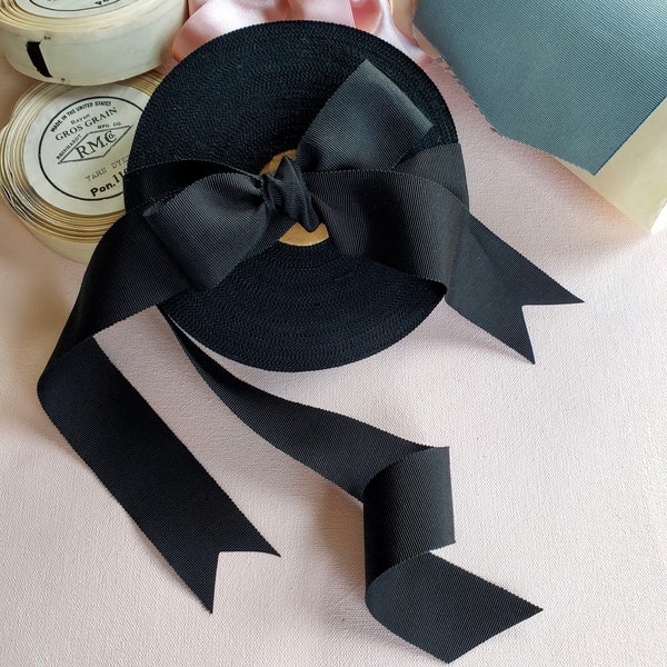 Vintage Cotton and Silk Black Grosgrain Ribbon,  Petersham grosgrain, 1 3/8 Inches Wide, millinery, haberdashery, hat bands