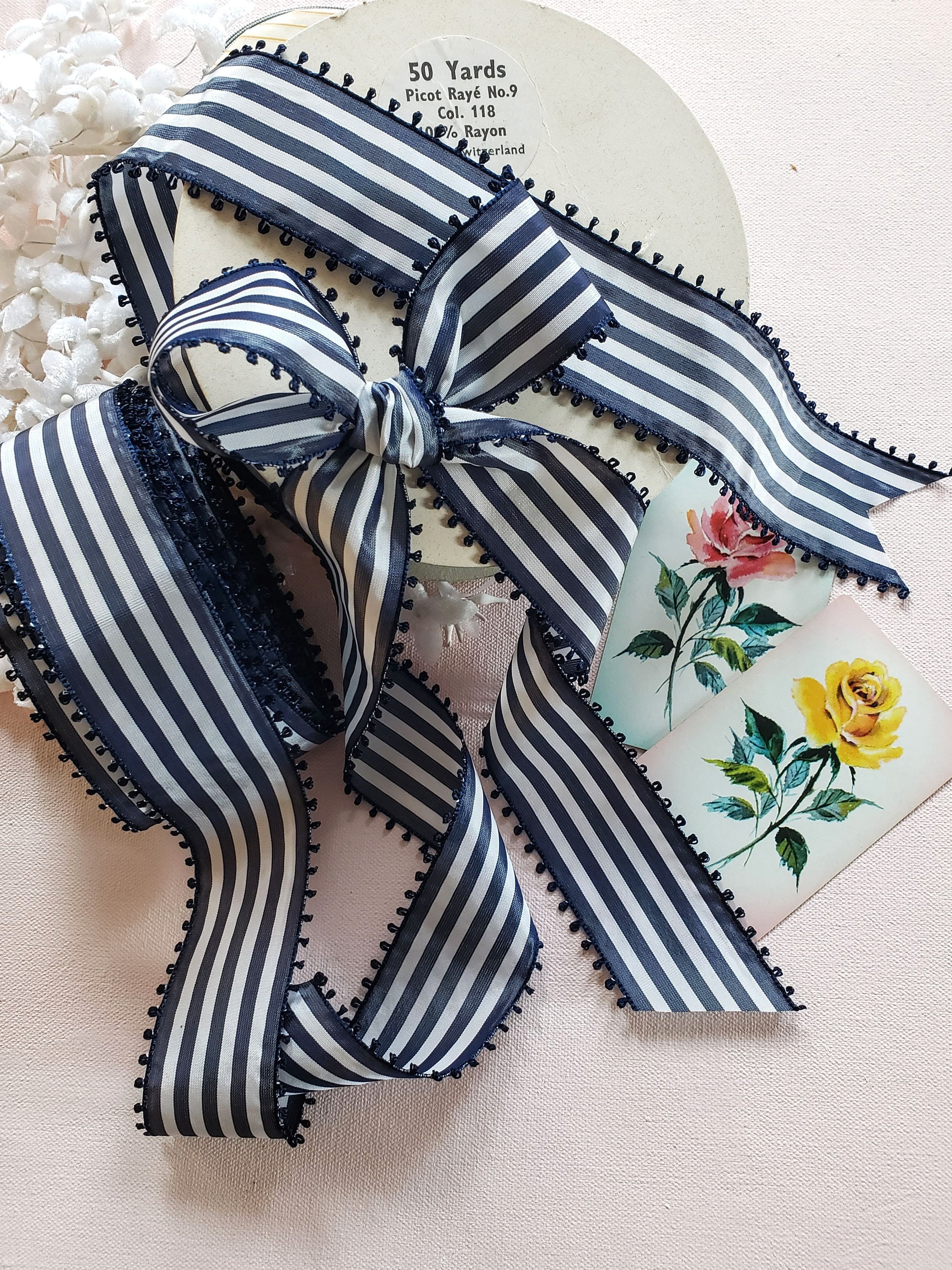 Navy Blue and White Striped Ribbon 