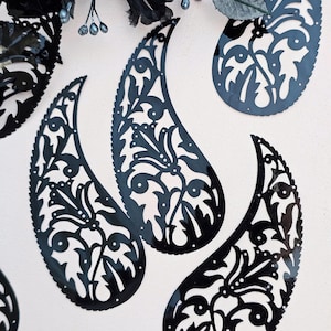 Vintage svarta paisley-celloapplikationer, 1920-tals jugend, hatt, stor tårdroppe, blomsterdekoration för sömnad