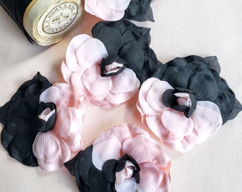 Vintage Camellia Flower, pink and black, Millinery, hat making, embellishment, sewing, vintage trim, silk flowers, wedding bridal