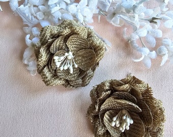 1 Pair Vintage Straw Flowers, millinery, decorative trimming for hat making, taupe and white