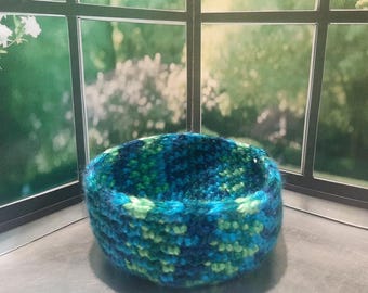 Hand Crocheted Blue & Green Gradient Bowl - Polyester Blend